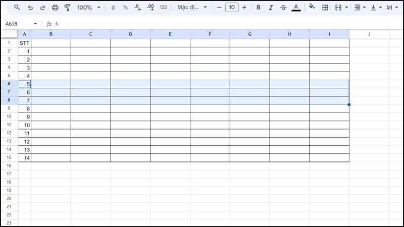 Chèn nhiều dòng bằng phím tắt trong Google Sheets