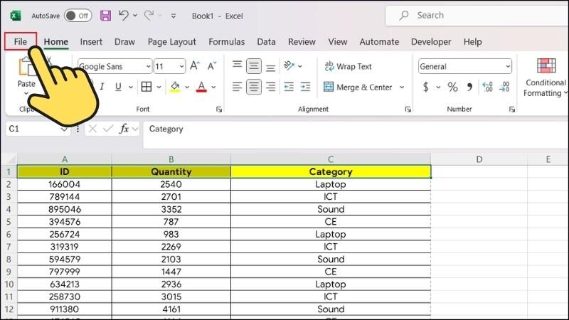 Mở file Excel, tại sheet mà bạn cần chuyển sang PDF > Chọn File.