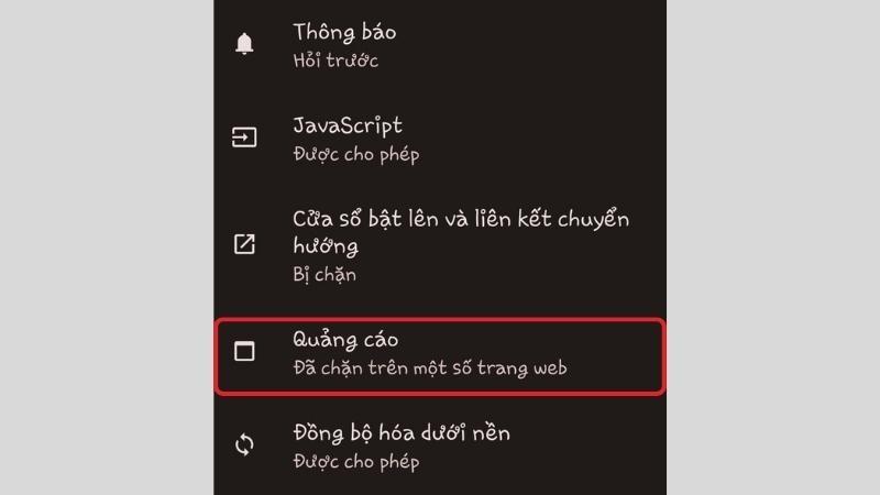 Ở giao diện Cài đặt trang web, chọn Quảng cáo