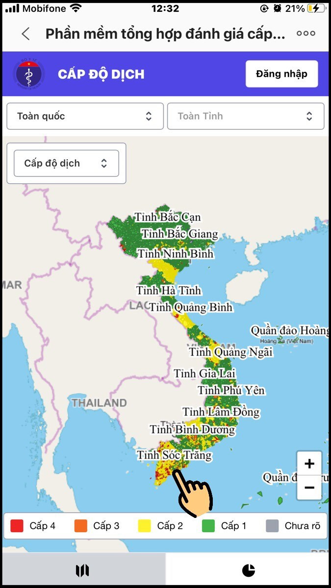 Alt: Bản đồ hiển thị cấp độ dịch COVID-19 với các vùng màu