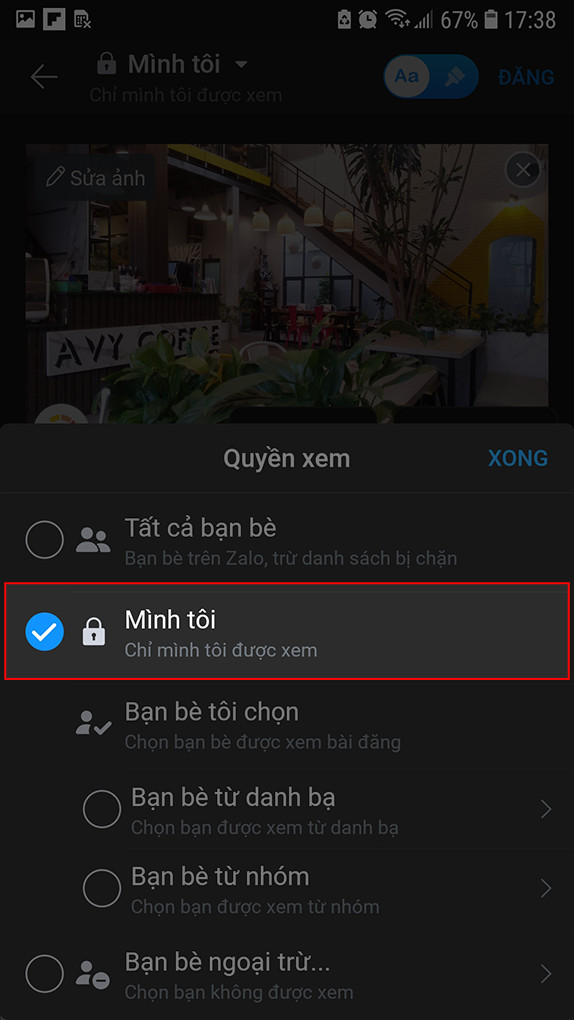 Alt text: Chọn chế độ riêng tư cho nhật ký Zalo