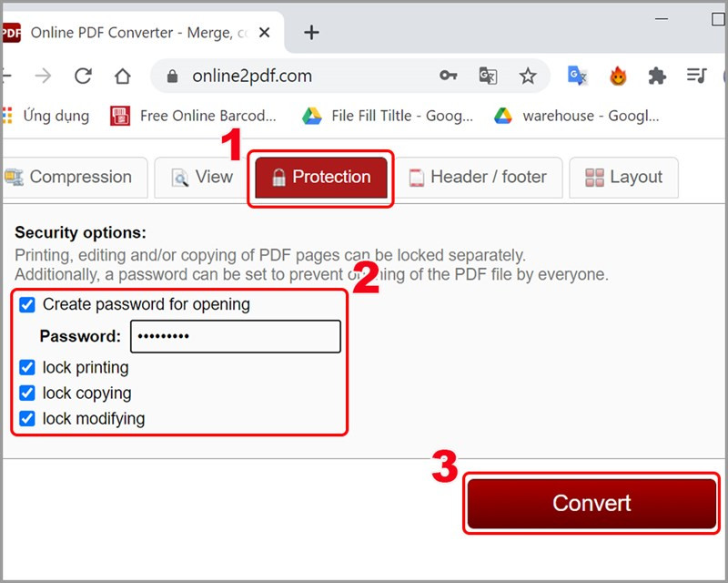 alt text: Đặt mật khẩu và các tùy chọn bảo mật khác trên Online2pdf