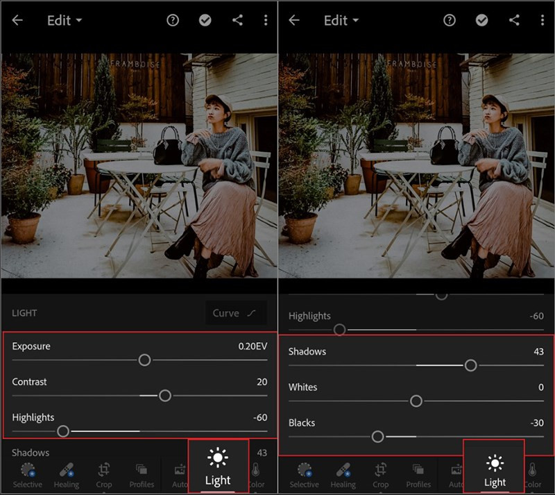 alt text: Điều chỉnh tone màu trong Lightroom Mobile