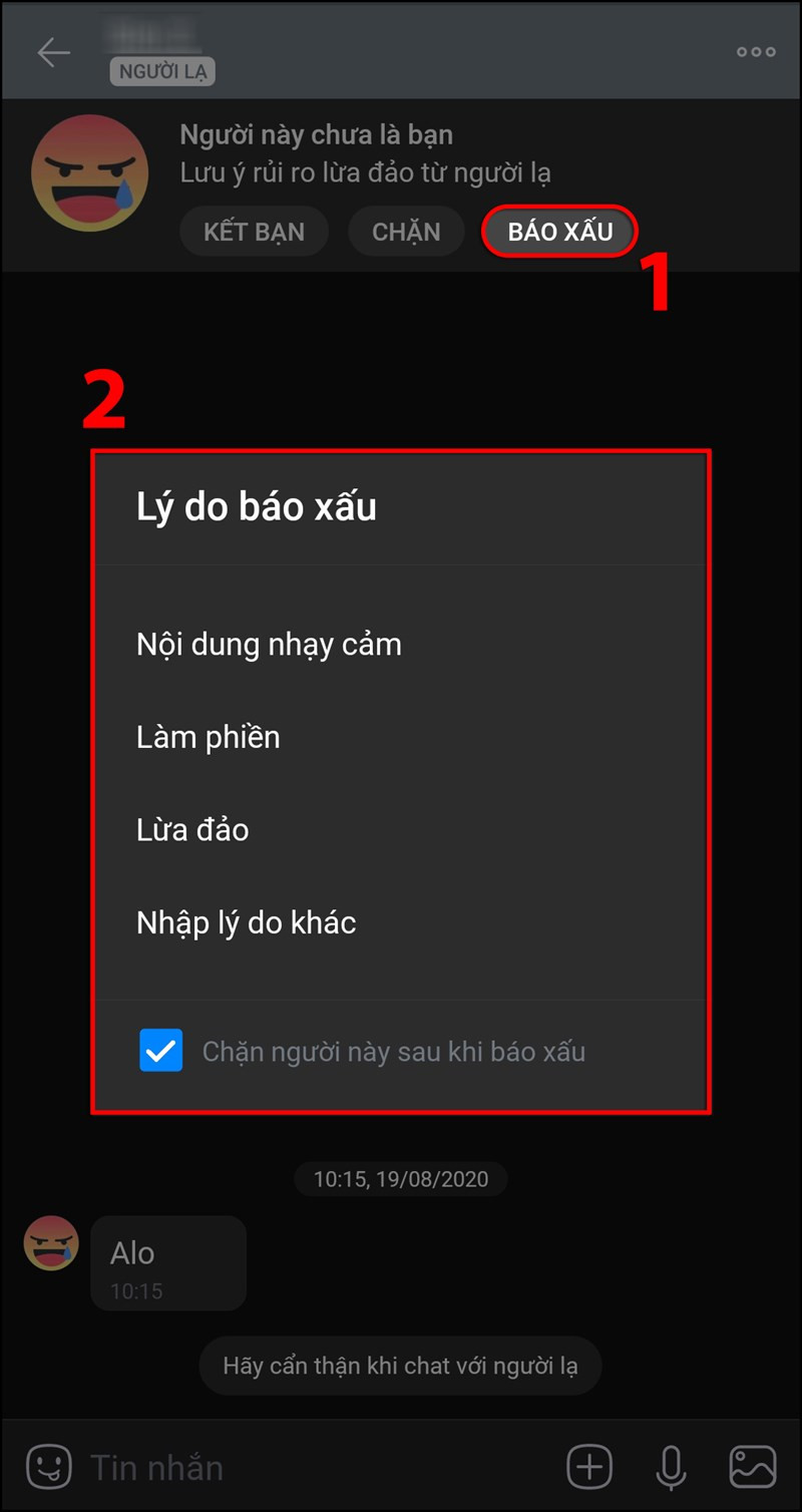 alt text: Giao diện báo xấu tin nhắn trên Zalo