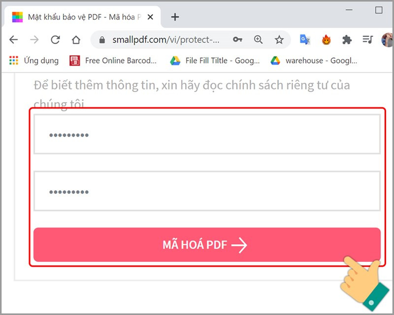 alt text: Giao diện đặt mật khẩu file PDF trên Smallpdf