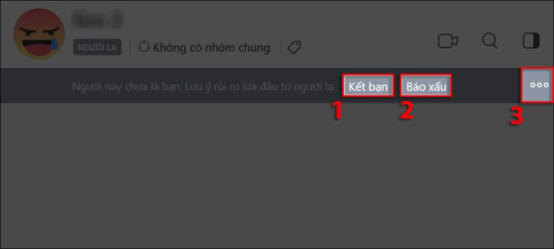 alt text: Giao diện tin nhắn Zalo trên máy tính hiển thị các tùy chọn Kết bạn, Báo xấu và menu ba chấm