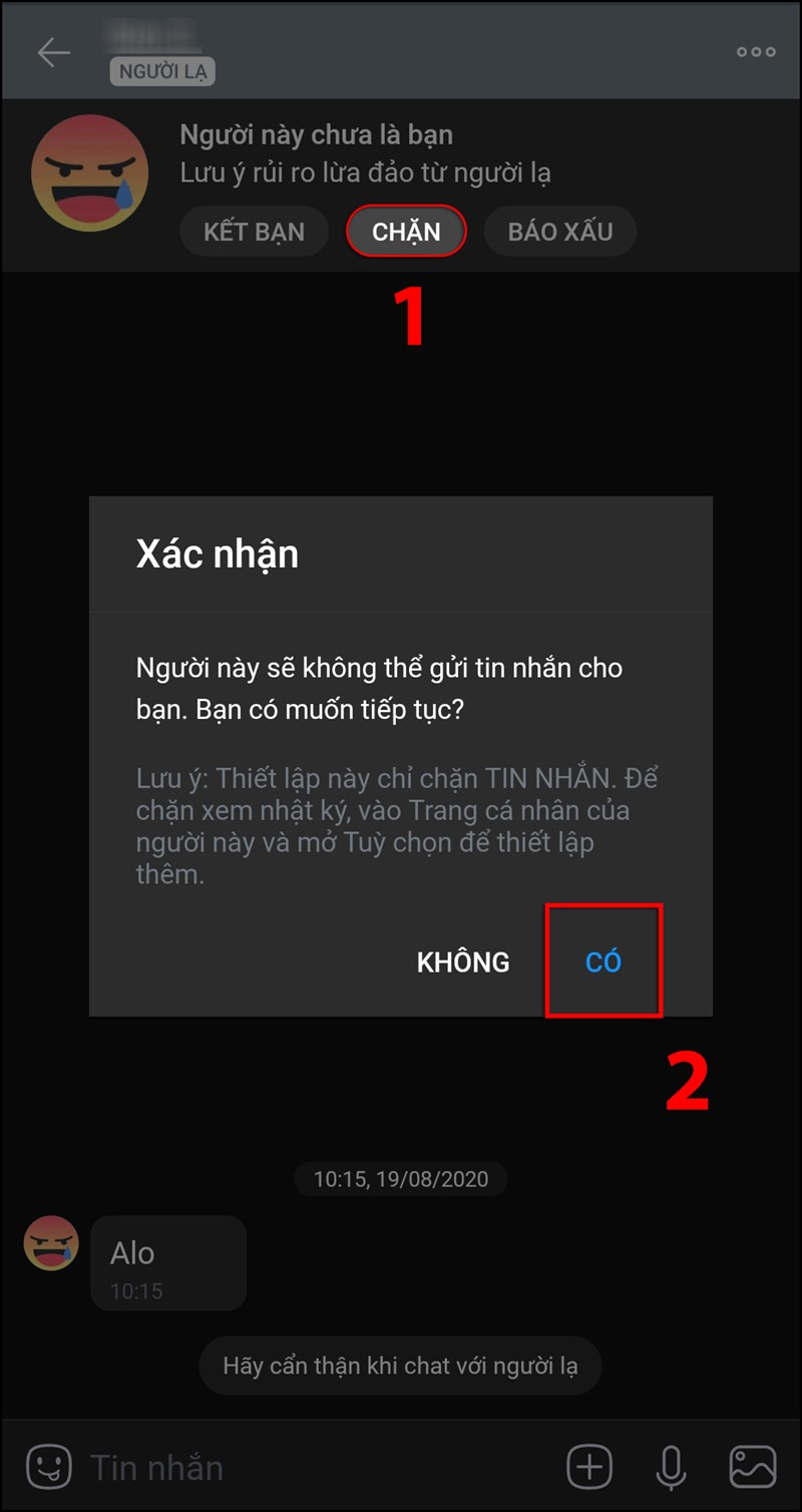 alt text: Giao diện xác nhận chặn người lạ trên Zalo