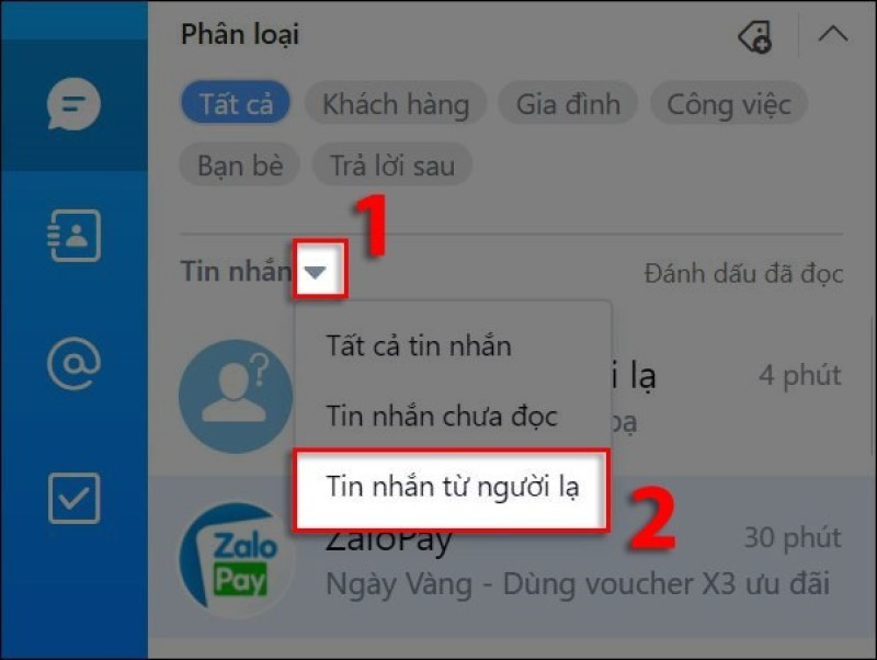 alt text: Giao diện Zalo trên máy tính, hiển thị cách truy cập vào tin nhắn từ người lạ