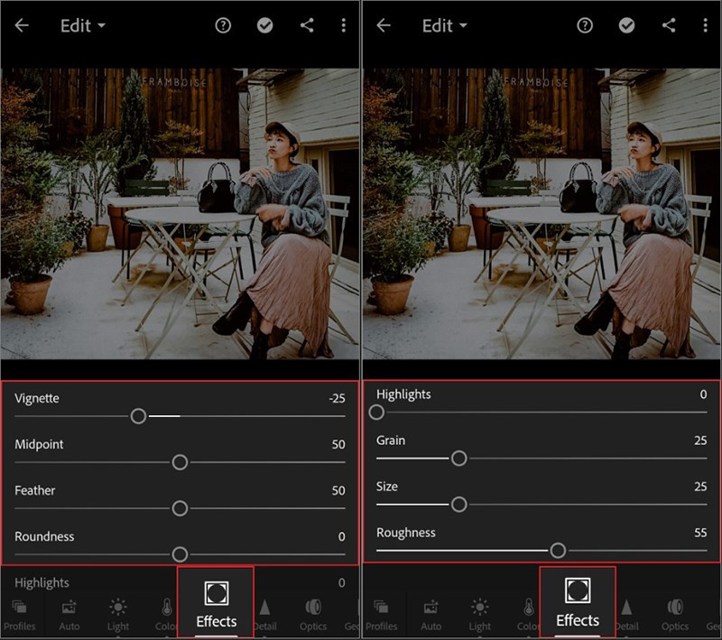 alt text: Hiệu ứng tối góc và tạo hạt trong Lightroom Mobile