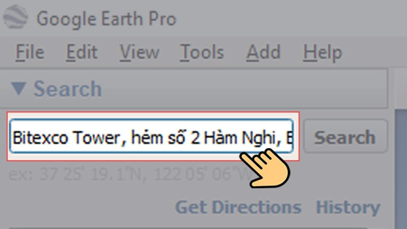 alt text: Nhập địa điểm cần tìm vào ô tìm kiếm Google Earth