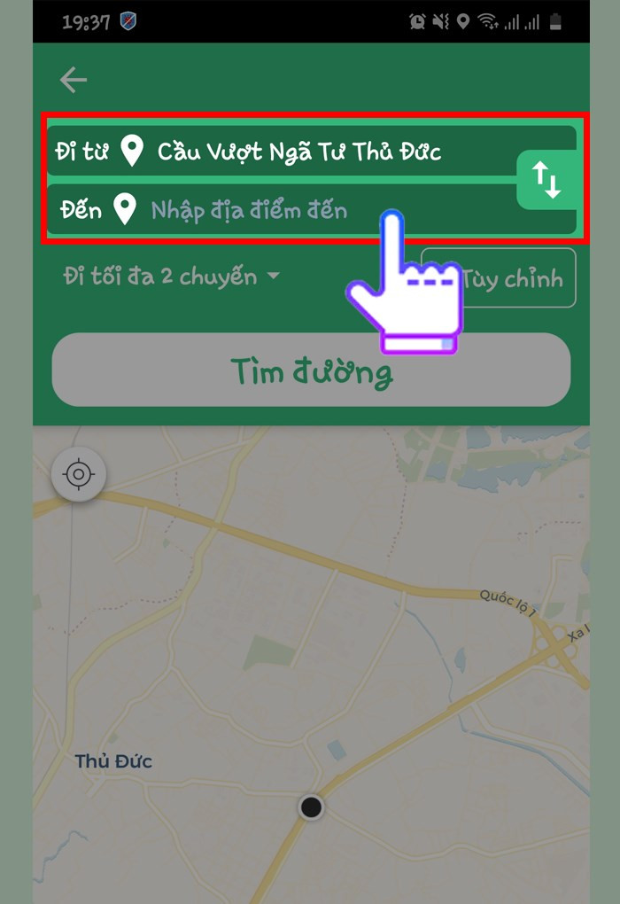 alt text: Nhập địa điểm xuất phát và điểm đến trên BusMap