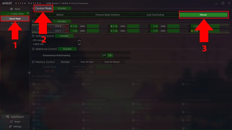 AMD Ryzen Master > Profile 1 > Control Mode > Manual