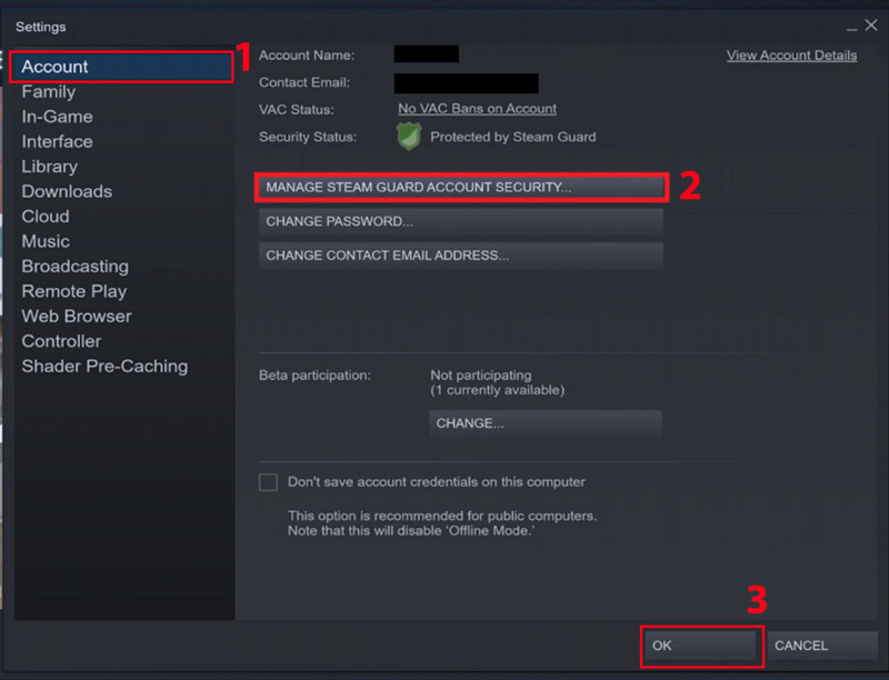  Chọn Account, sau đ&oacute; chọn Manage Steam Guard Account Security