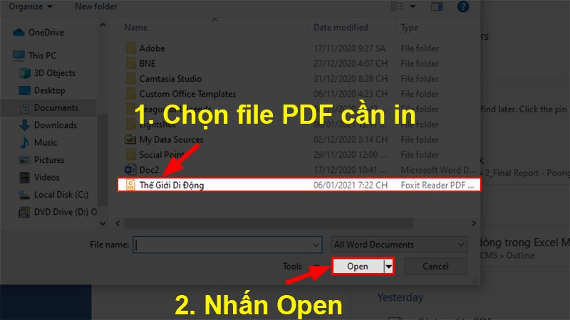 Chọn file PDF cần in &gt; Nhấn Open