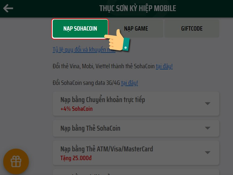 Chọn nạp SohaCoin
