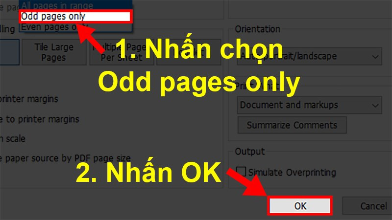 Chọn Odd pages only (Chỉ in trang lẻ) &gt; Nhấn OK