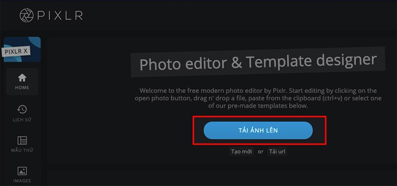 Chọn TẢI ẢNH LÊN trên Pixlr