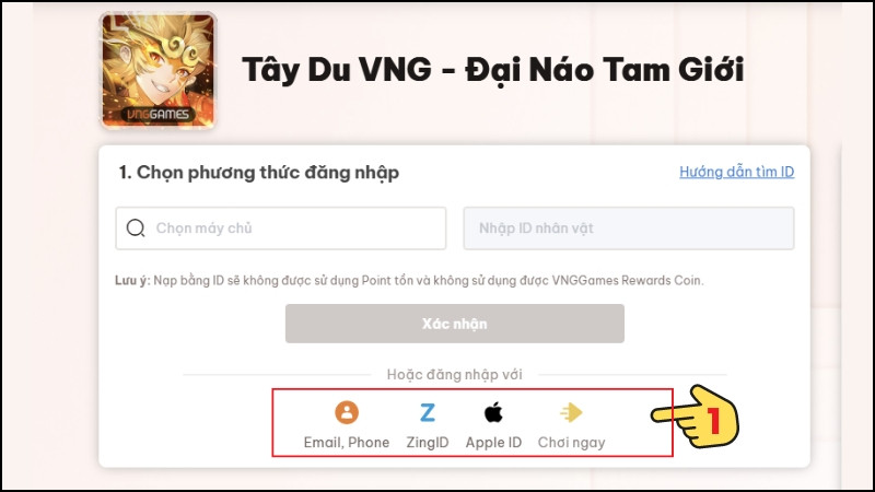 Đăng nhập vào tài khoản game bằng ID hoặc tài khoản Facebook, Gmail,...