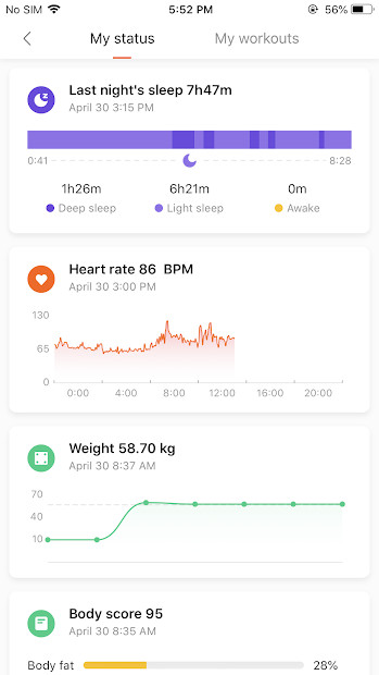 Mi Fit hiển thị thông tin luyện tập