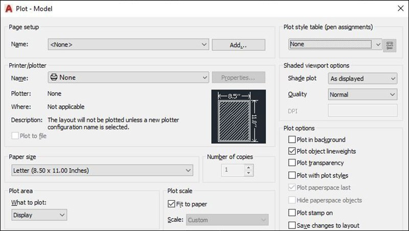 Mở hộp thoại Plot trong AutoCAD