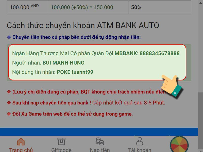 Nạp thẻ theo thông tin thanh toán