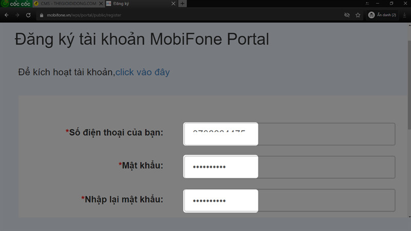 Nhập số điện thoại, mật khẩu tài khoản MobiFone Portal vào ô tương ứng