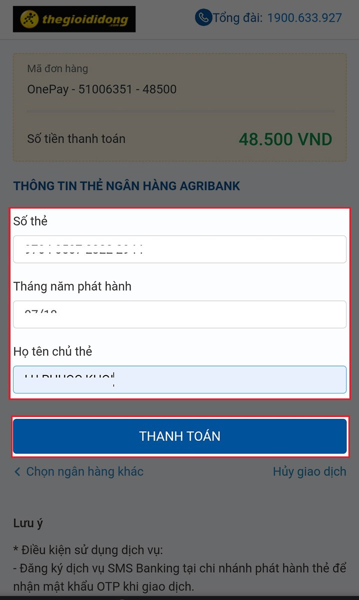 Nhập th&ocirc;ng tin thẻ Ng&acirc;n h&agrave;ng