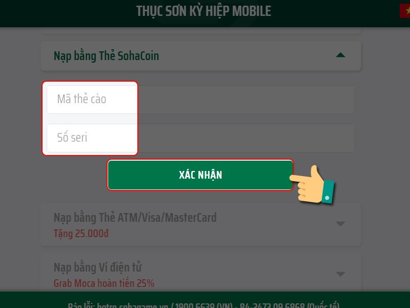 Nhập thông tin thẻ SohaCoin