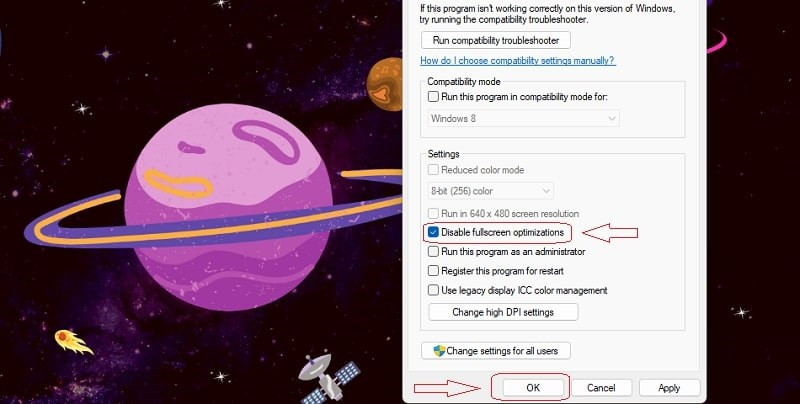 Tick chọn vào mục Disable fullscreen optimizations