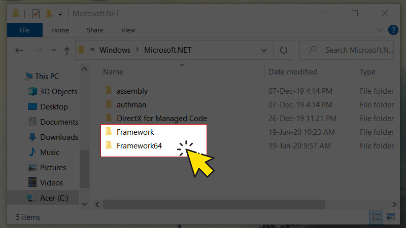 T&igrave;m thư mục Framework v&agrave; Framework64