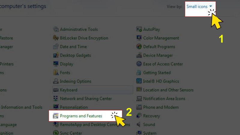 T&igrave;m v&agrave; nhấn chọn Programs and Features