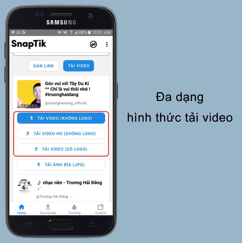 Tùy chọn tải video đa dạng trên SnapTik