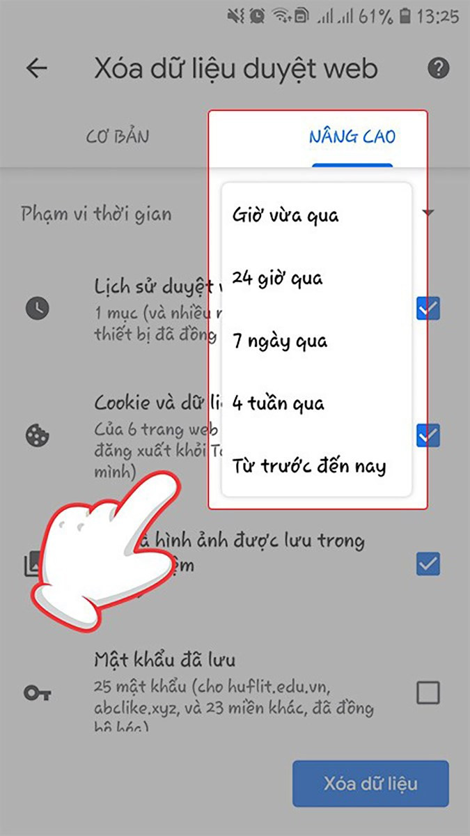 Xóa dữ liệu duyệt web trên Chrome điện thoại