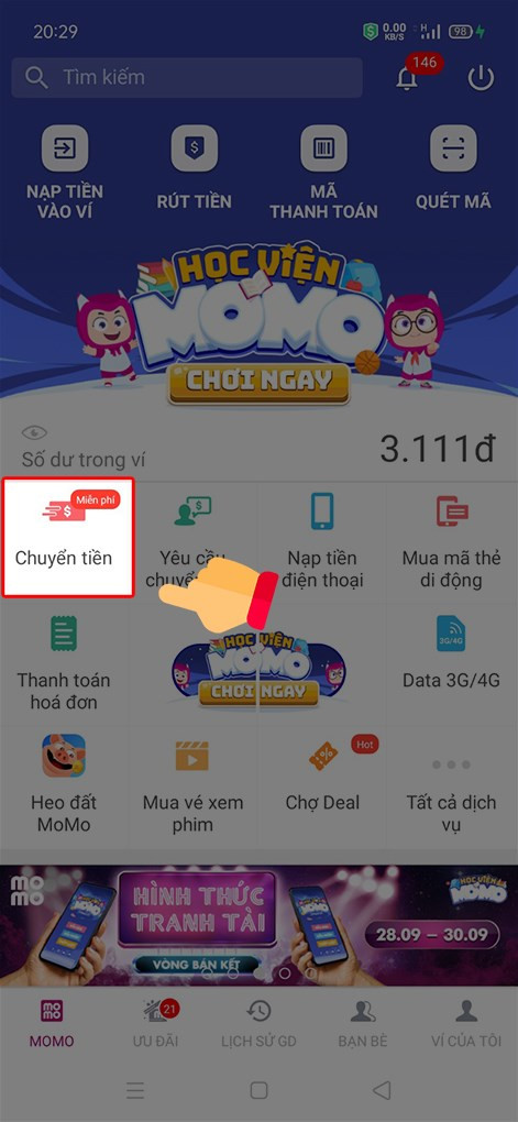 alt: Chọn chức năng chuyển tiền trên MoMo