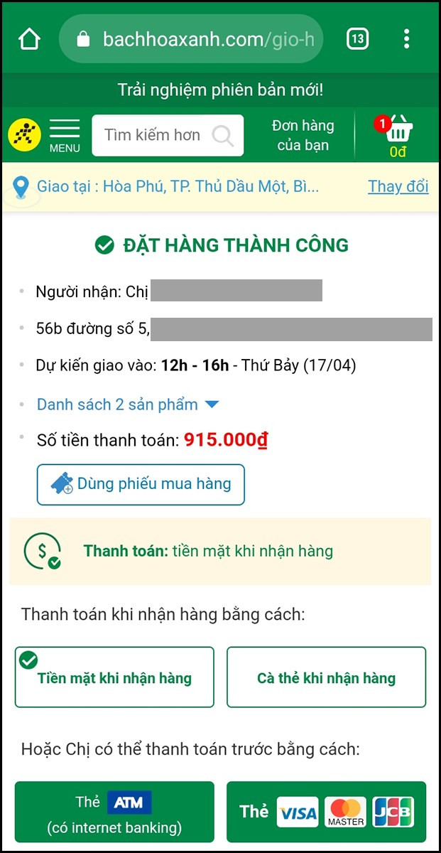 alt: Đặt hàng thành công trên Bách Hóa Xanh