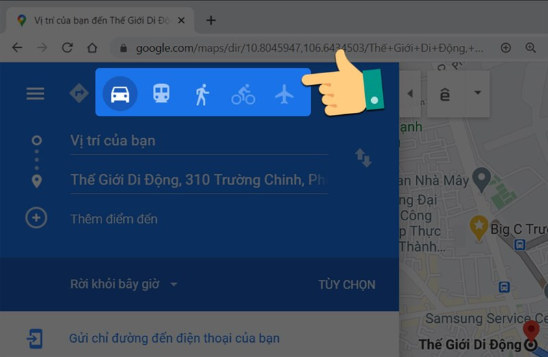 alt: Giao diện Google Maps trên máy tính hiển thị đường đi