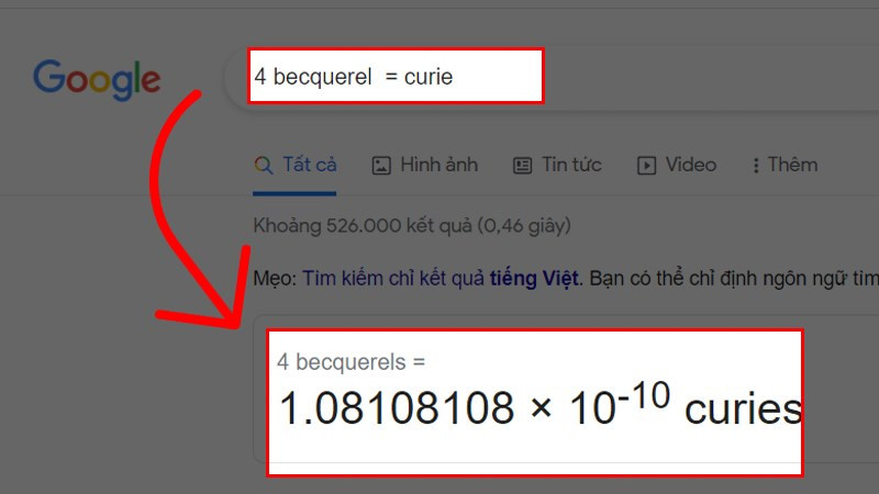 alt: Sử dụng Google để chuyển đổi đơn vị phóng xạ