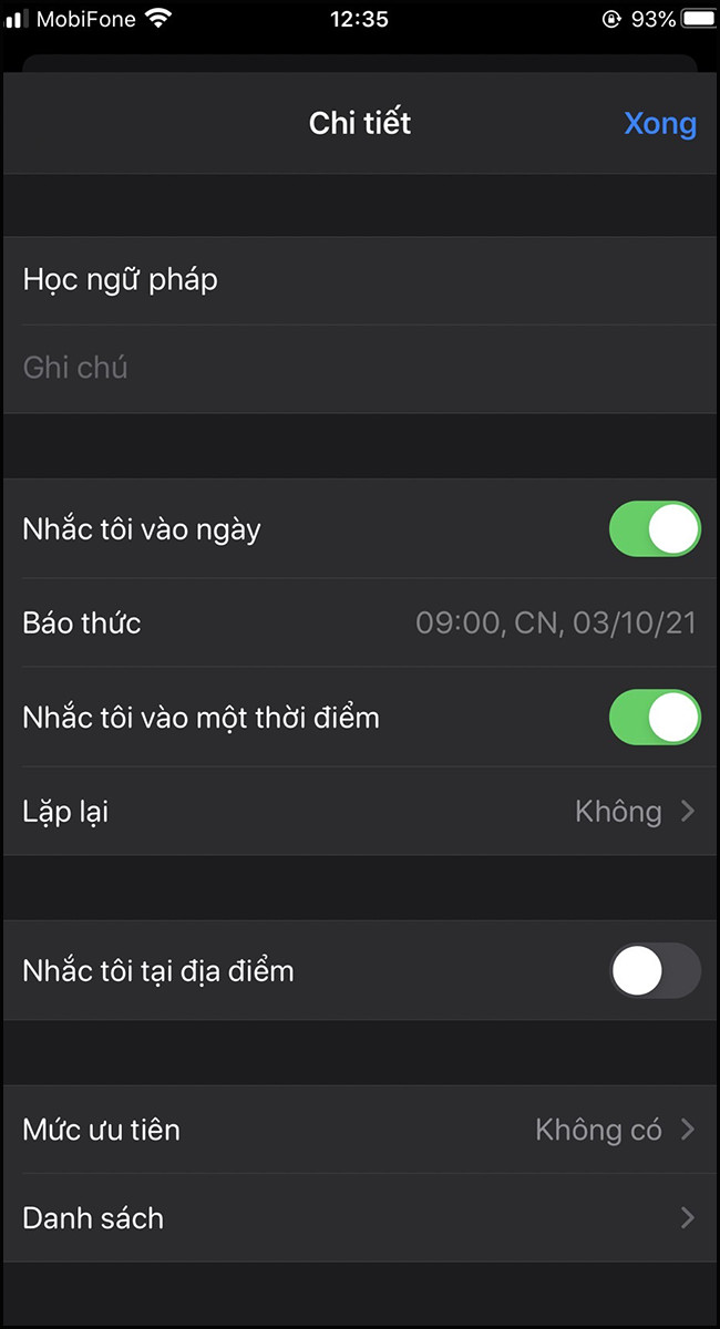 alt text: Các tùy chọn cài đặt chi tiết cho lời nhắc