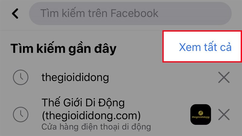 alt text: Giao diện lịch sử tìm kiếm trên Facebook