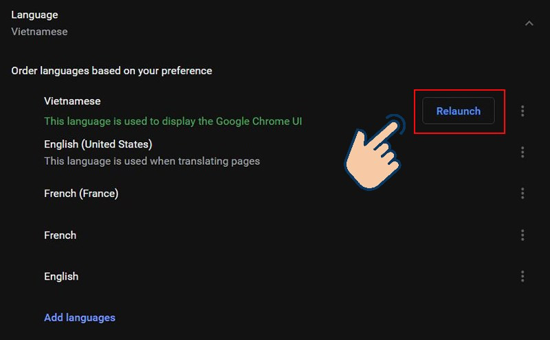 alt text: Khởi động lại Google Chrome