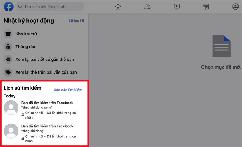 alt text: Lịch sử tìm kiếm trên Facebook máy tính
