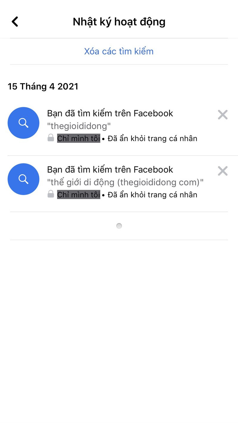 alt text: Lịch sử tìm kiếm trên Facebook