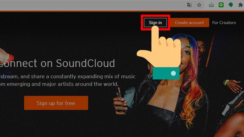 alt text: Nút đăng nhập SoundCloud trên máy tính