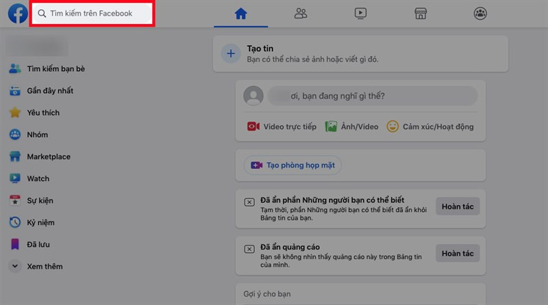 alt text: Ô tìm kiếm trên Facebook máy tính