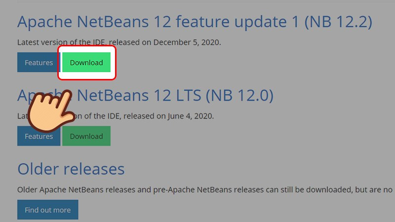 alt text: Trang download NetBeans IDE, chọn phiên bản mới nhất