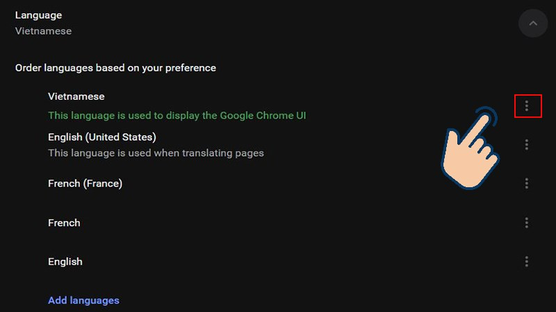 alt text: Tùy chọn ngôn ngữ tiếng Việt trên Google Chrome