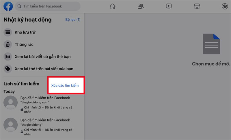 alt text: Xóa lịch sử tìm kiếm trên Facebook