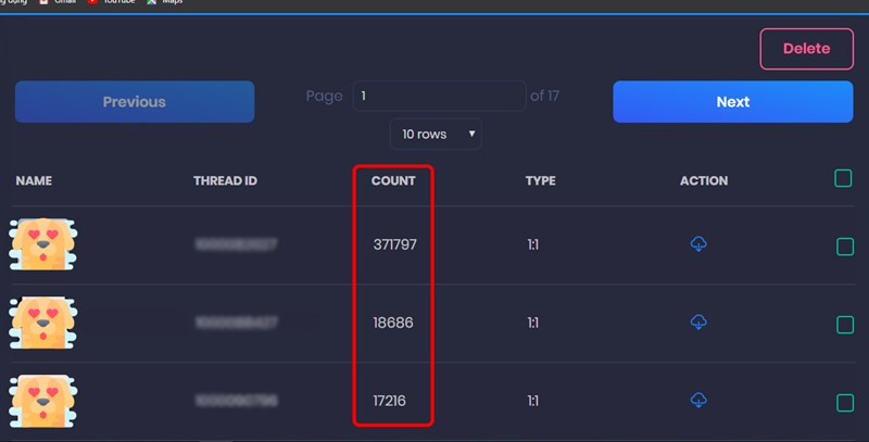 alt: Xem số lượng tin nhắn với từng người bạn trong mục Count