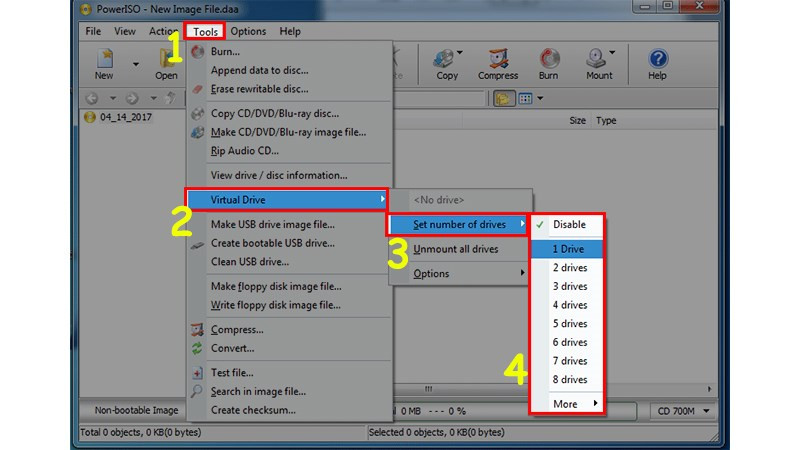 ào Menu Tools > Chọn Virtual Drive > Chọn Set Number of Drive > Chọn số ổ ảo bạn muốn tạo