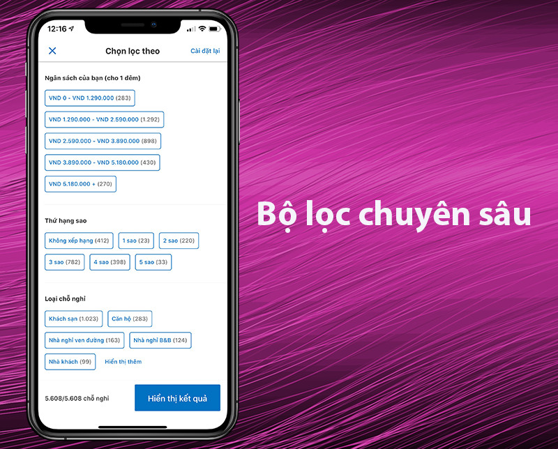 Bộ lọc tìm kiếm khách sạn trên Booking.com